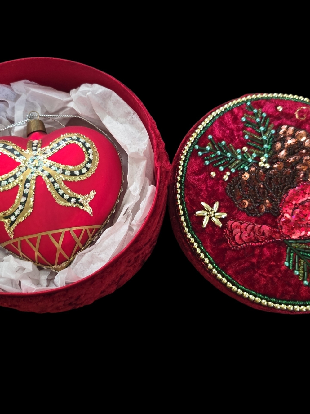 Red Velvet Beaded Cardinal Box & Heart Ornament